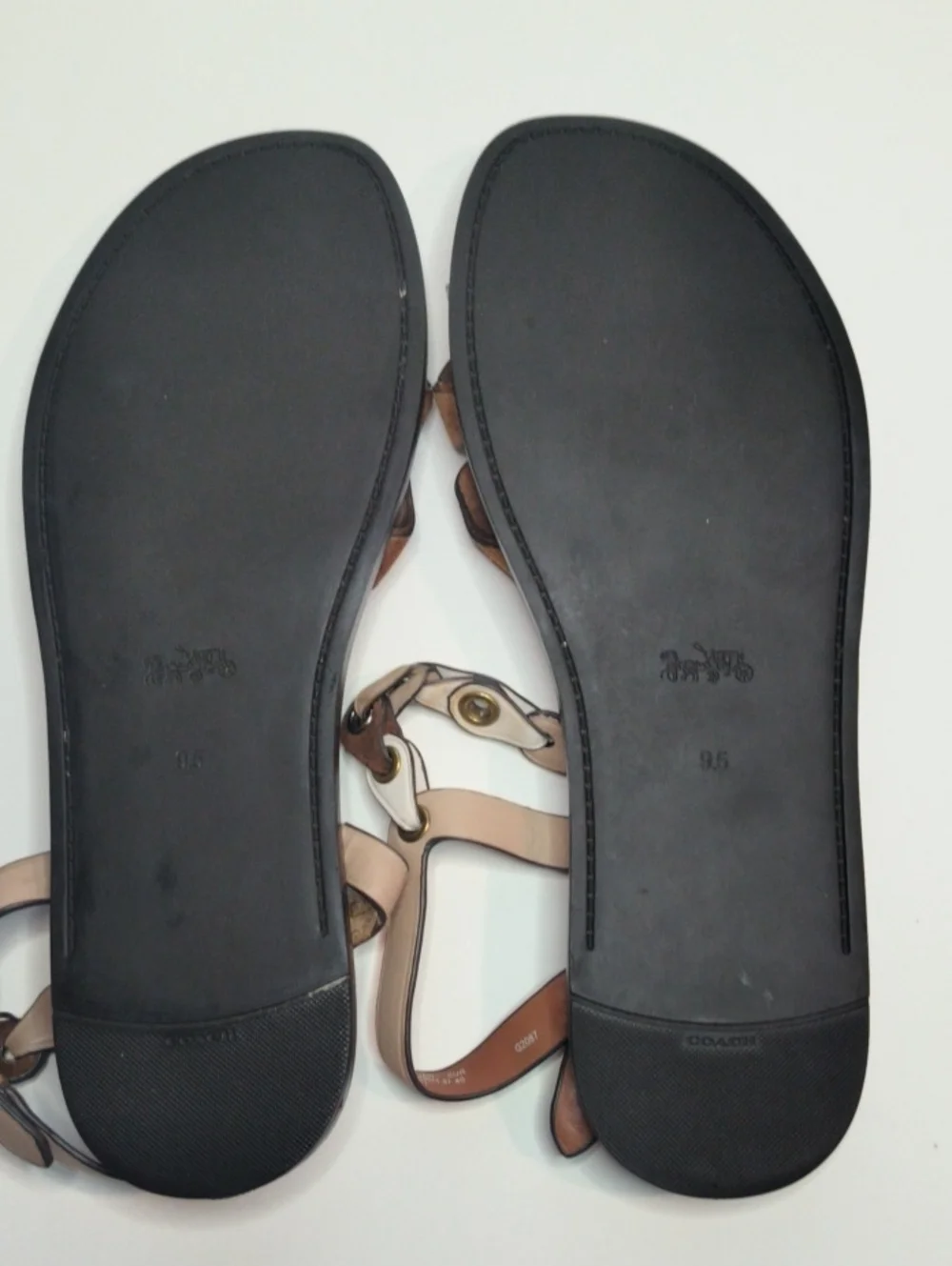 Coach G2087 Link Detail Leather Flat Sandals Brown White Beige Multi Size 9.5B
